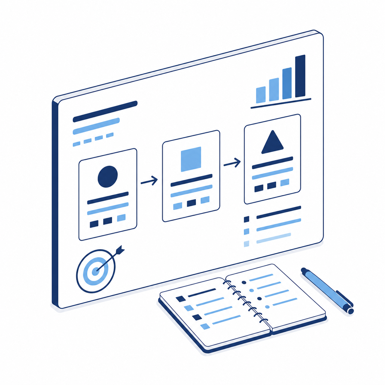 ホワイトボードでKPI・業務フローを可視化するアイソメトリックイラスト